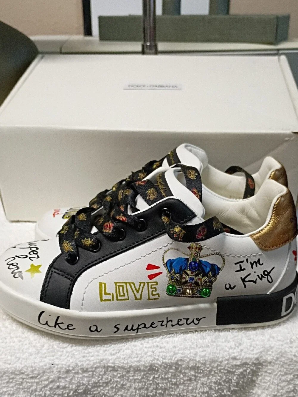 Dolce & Gabbana Kids White Sneakers with Black & Gold Accents